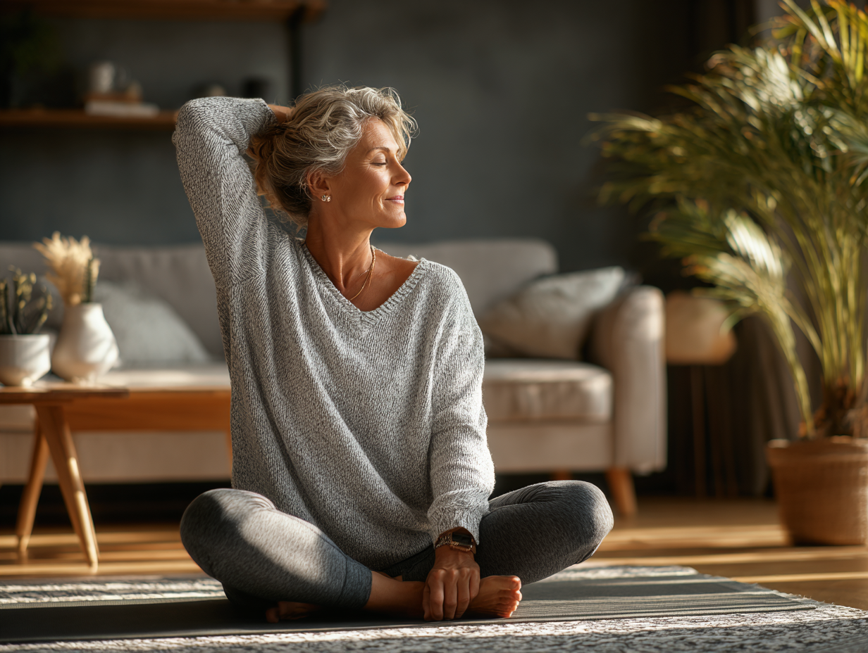 Група старших людей на заняттях йогою в світлому залі