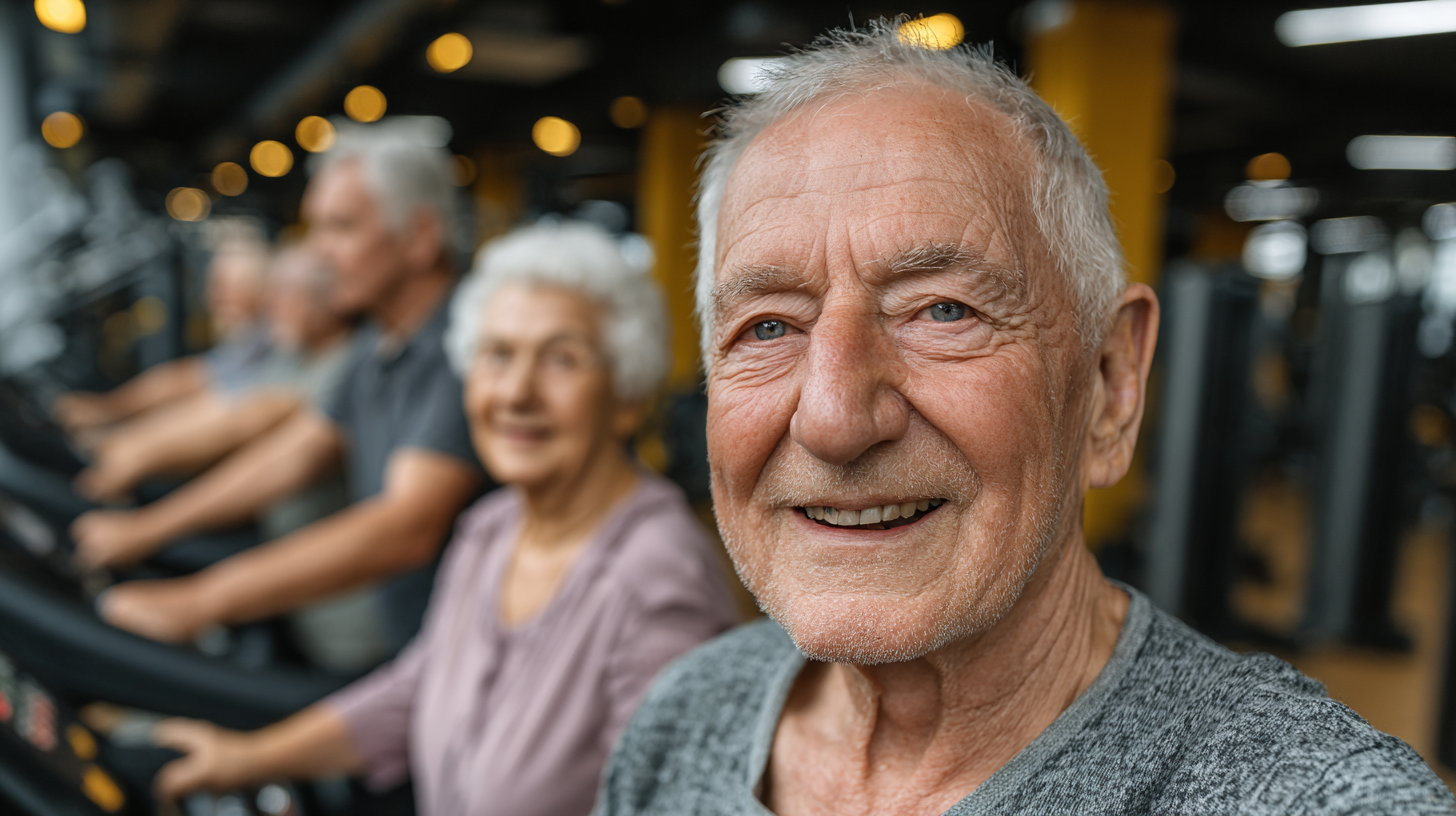 Старший чоловік займається на тренажері під наглядом тренера